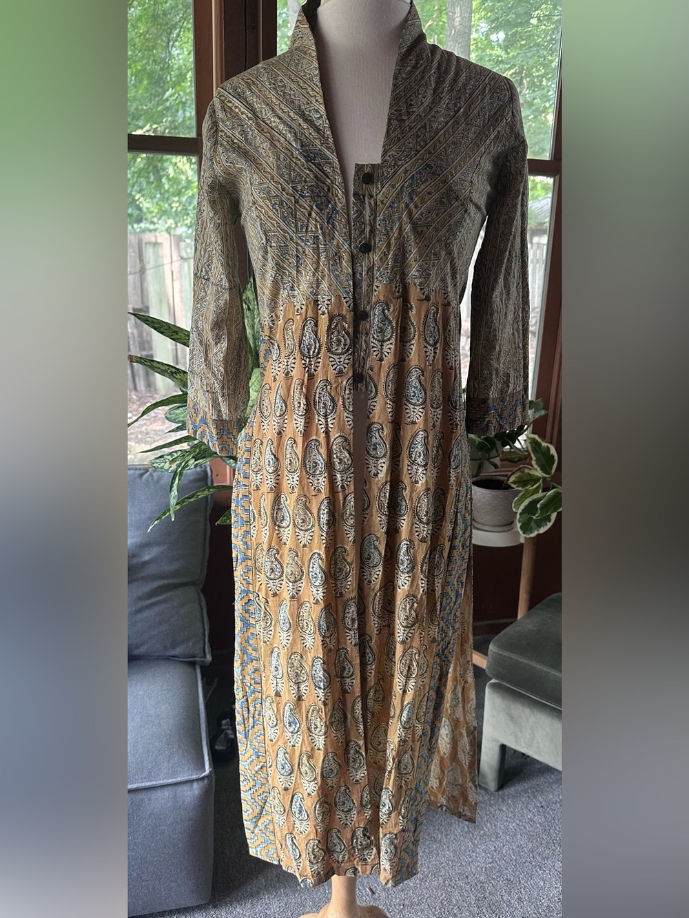 Bohemian Paisley Print long vest in Mustard and Blue